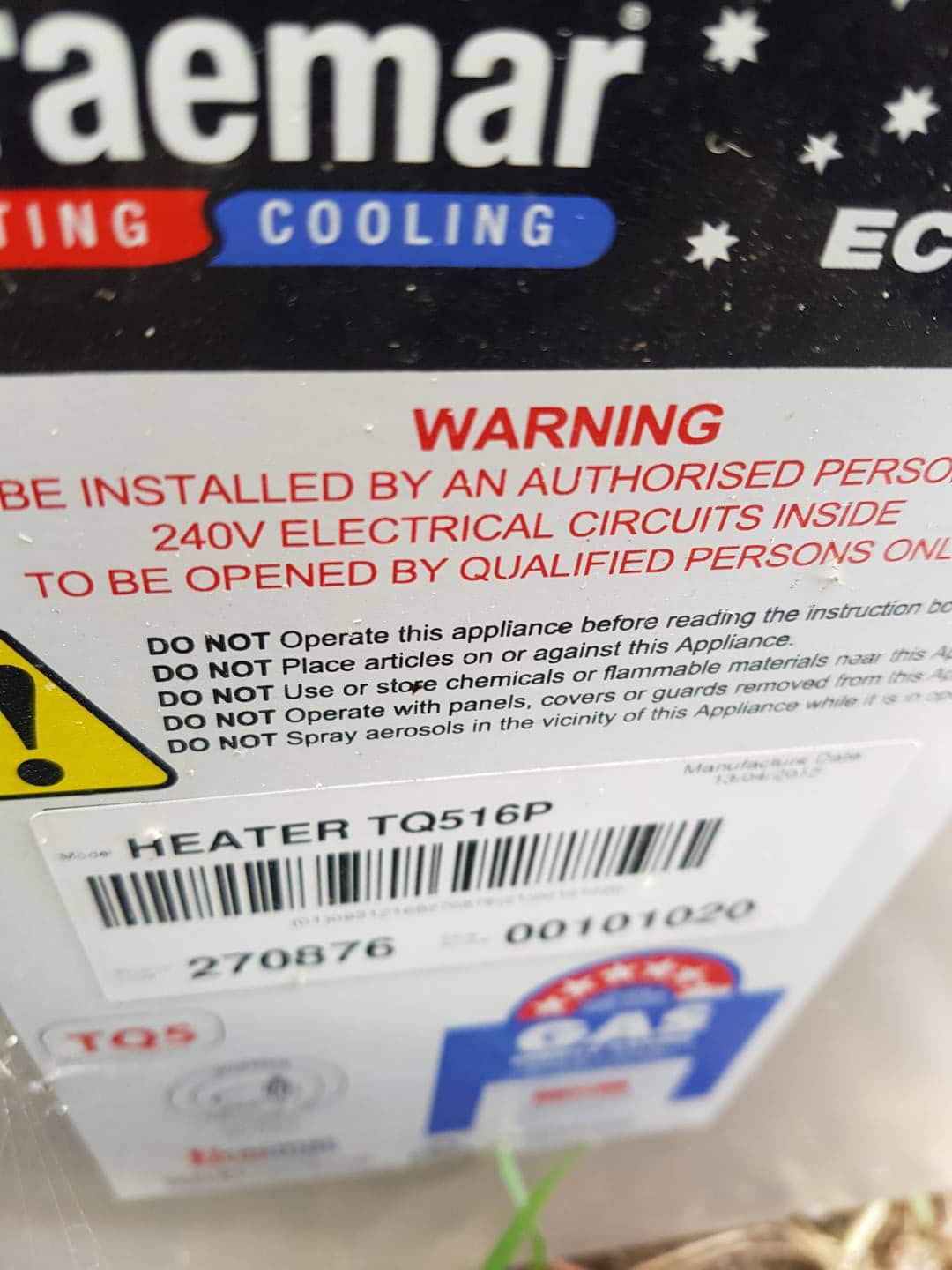 Braemar gas ducted heater warning label